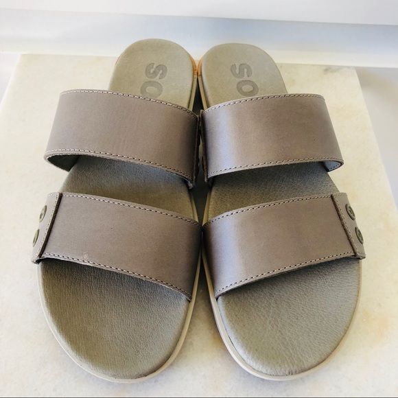 NWT Sorel Torpeda II xFree People Flat Sandal Slide Slip On Leather Greige - Picture 3 of 7